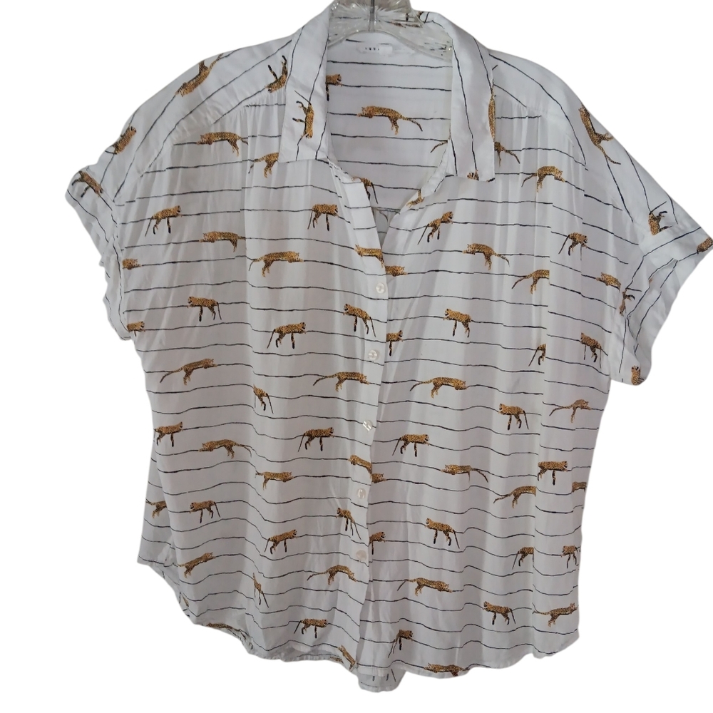Jane + Delancey Short Sleeve Cheetah Shirt Blouse White/Black XL
